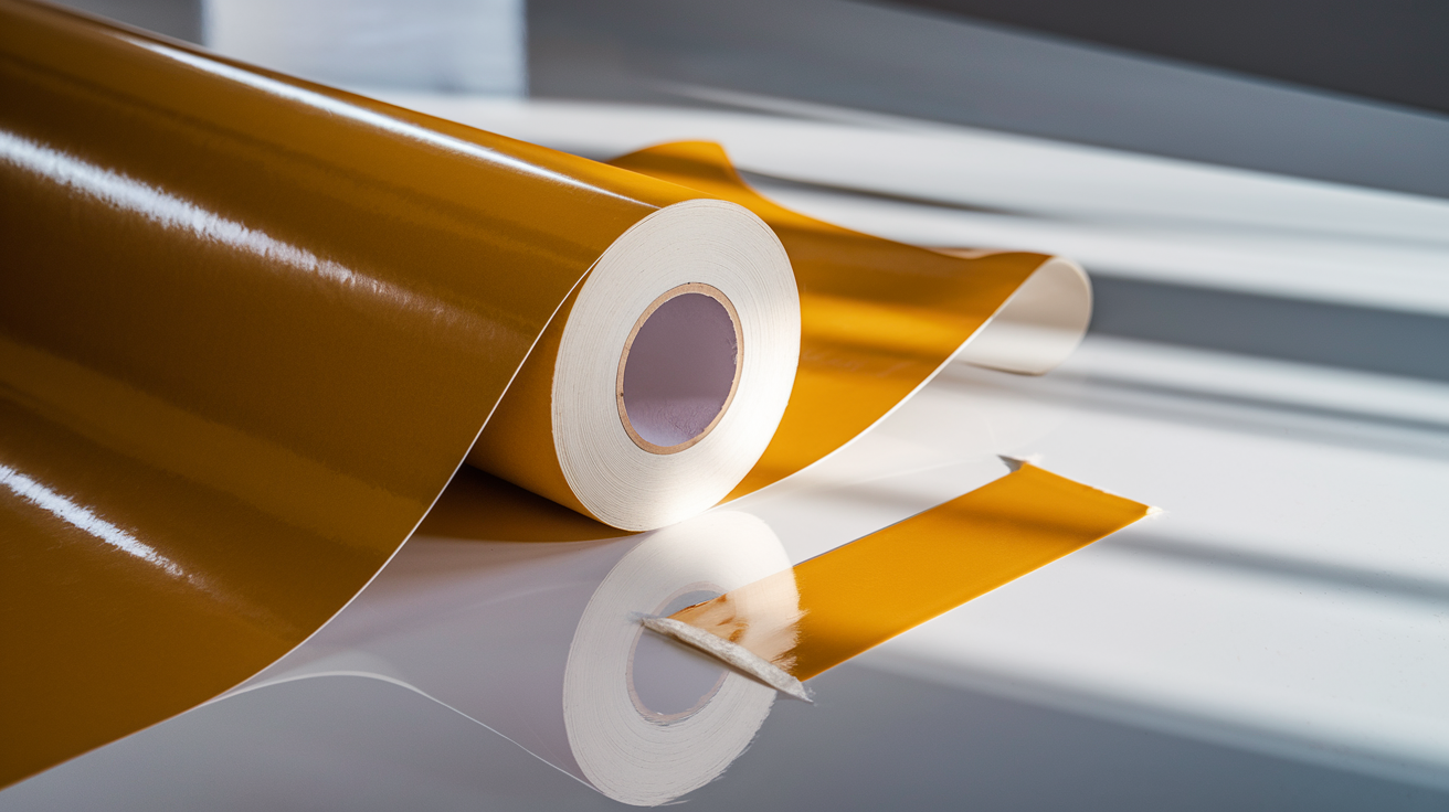 Create a realistic image of a roll of release paper being partially unrolled on a clean work surface, showing its silicone-coated glossy surface reflecting light, with a small swatch of adhesive material nearby demonstrating how it doesn't stick to the release paper, all presented in a well-lit studio setting with soft shadows to highlight the paper's texture and purpose.