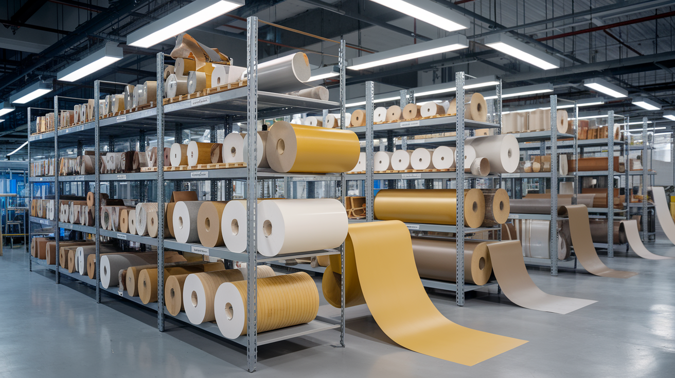 Create a realistic image of various types of release papers displayed in a modern industrial setting, showing different textures and finishes including silicone-coated, fluorosilicone, and clay-coated varieties, with rolls of release paper organized neatly on metal shelving units, some partially unrolled to showcase their non-stick properties, under bright industrial lighting highlighting the professional manufacturing environment.