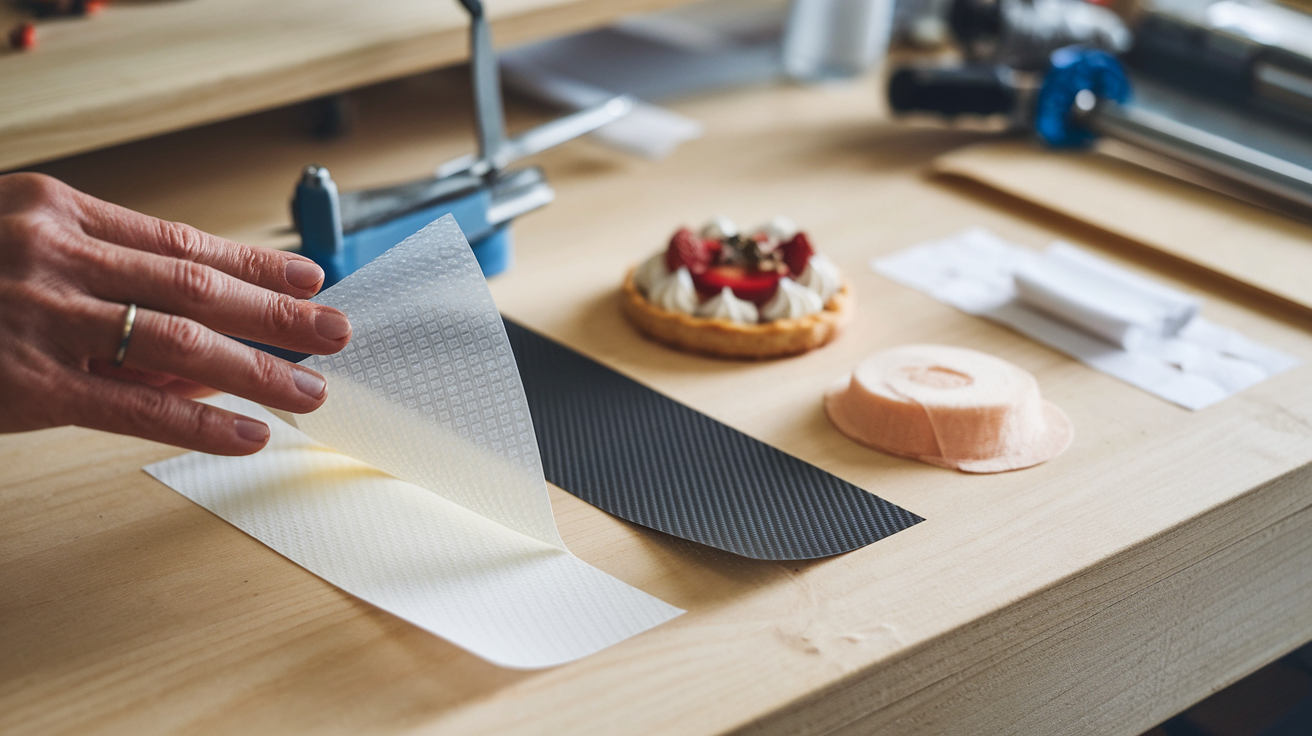 Create a realistic image of different types of release papers being used in various applications - a close-up shot showing silicone-coated release paper being peeled from a pressure-sensitive adhesive label, alongside examples of release paper used in baking (with pastries), in composite manufacturing (with carbon fiber), and in medical applications (with bandages), all arranged on a light wooden workbench with soft, natural lighting highlighting the different textures and finishes of each release paper type.