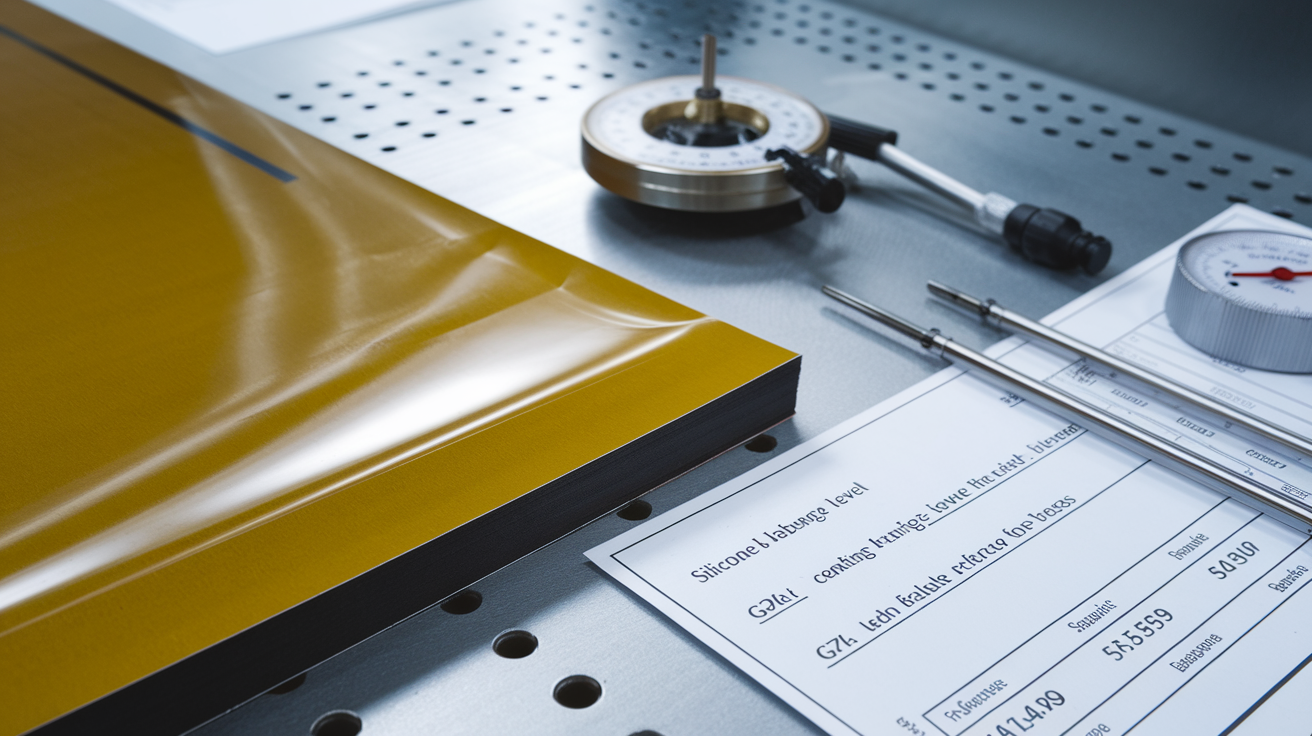 Create a realistic image of a close-up view of high-quality release paper, displaying its smooth surface with a slight gloss, alongside technical measurement tools like a micrometer and thickness gauge, with data sheets showing specifications for silicone coating level, tensile strength, and release force values, all arranged on a clean laboratory workbench under bright, clinical lighting.