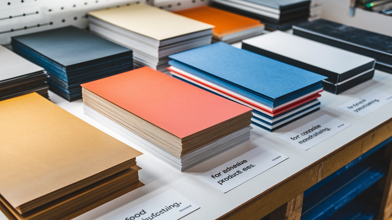 Create a realistic image of a variety of release papers displayed on a clean workbench, with different textures, colors, and finishes clearly visible, alongside labels indicating their applications such as "For Adhesive Products," "For Composite Manufacturing," and "For Food Packaging," with proper lighting highlighting the surface characteristics of each paper type.