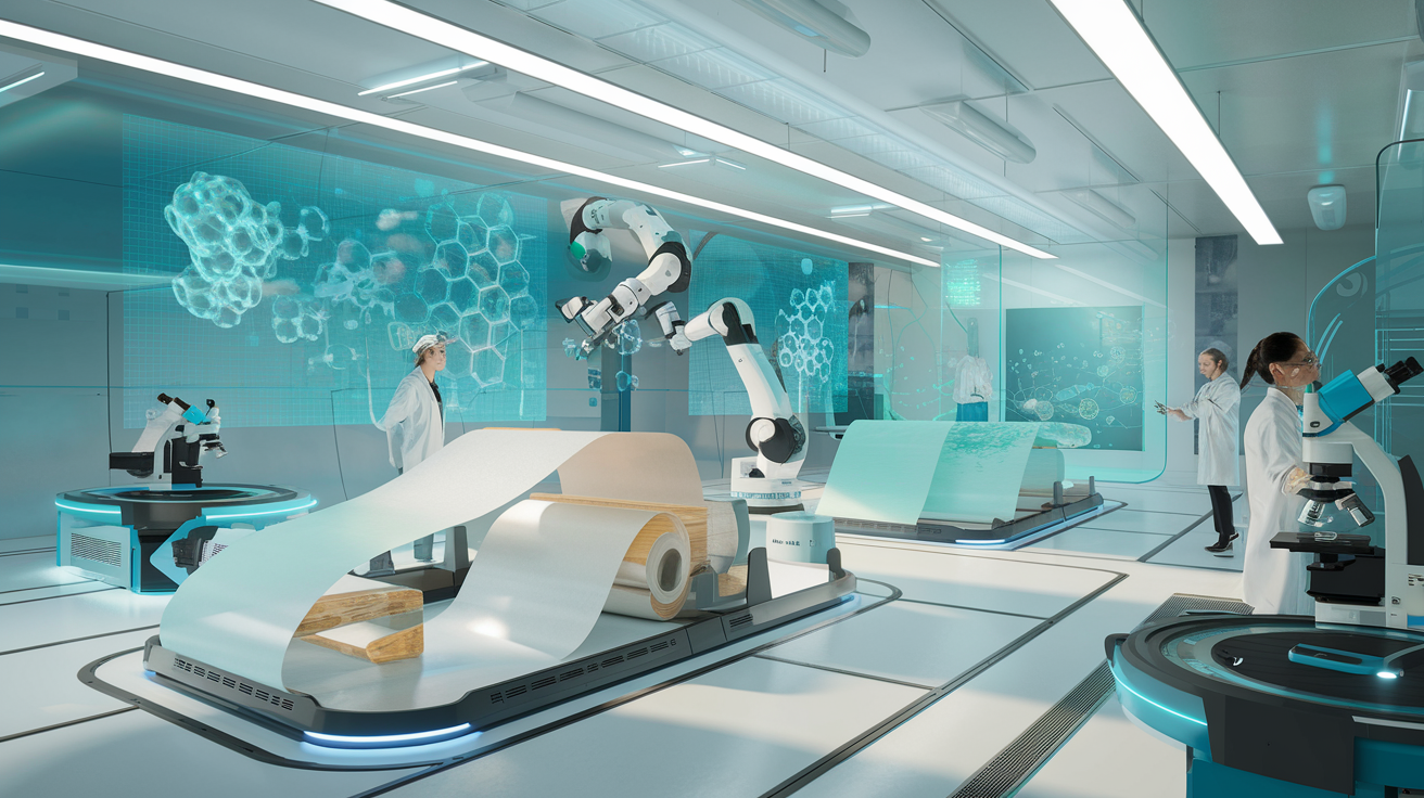 Create a realistic image of a futuristic research laboratory with advanced machinery processing thin, translucent release papers, featuring holographic displays showing molecular structures, robotic arms handling rolls of specialty release papers, and scientists in lab coats examining innovative coatings under microscopes, with bright, clinical lighting highlighting cutting-edge technology and sustainable materials.