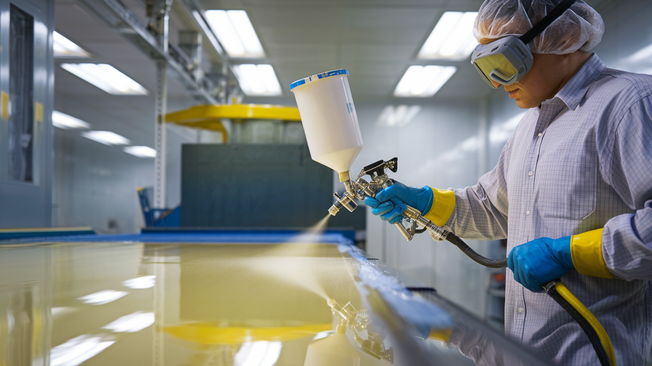 Create a realistic image of a skilled technician in a clean manufacturing environment applying silicone release coating to a substrate using a spray gun with precise control, wearing protective gear including goggles and gloves, with specialized equipment and measuring tools visible in the background, bright industrial lighting highlighting the even application of the coating on the surface.