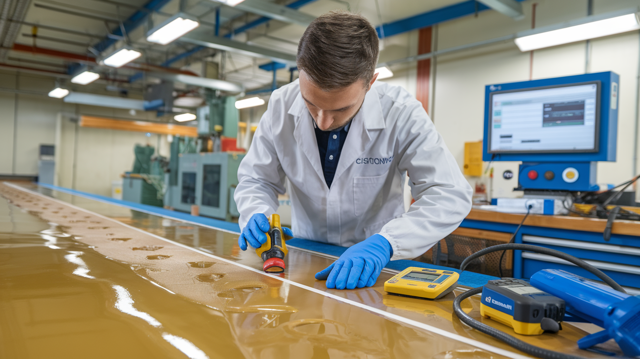 Create a realistic image of a maintenance technician in a lab coat examining a silicone-coated surface with visible issues, using specialized tools like a digital thickness gauge and cleaning equipment, with maintenance manuals and troubleshooting guides visible on a nearby workbench, in a well-lit industrial setting with coating equipment in the background.