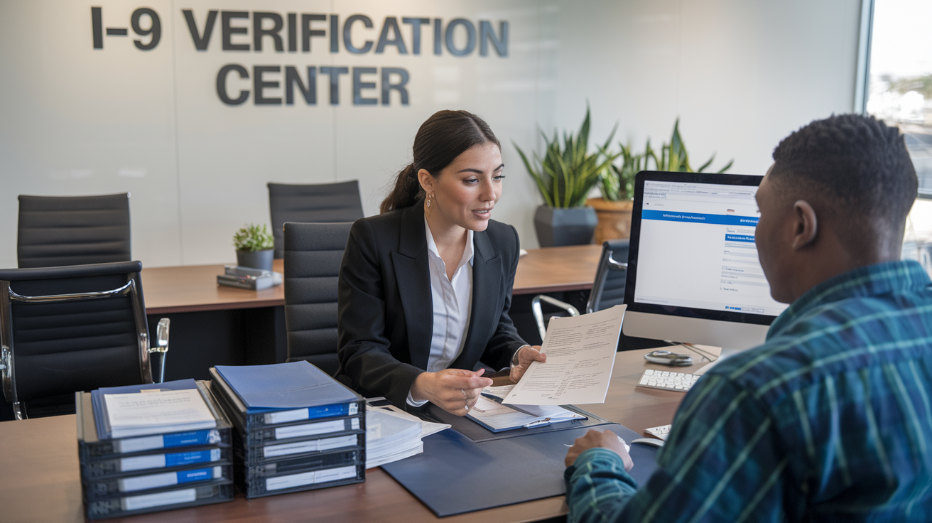 Create a realistic image of a professional office setting where a Hispanic female employer is reviewing I-9 documentation with a Black male employee, with an "I-9 Verification Center" sign visible on the wall, neat stacks of forms and identification documents on the desk, and a computer showing a verification portal in the background.