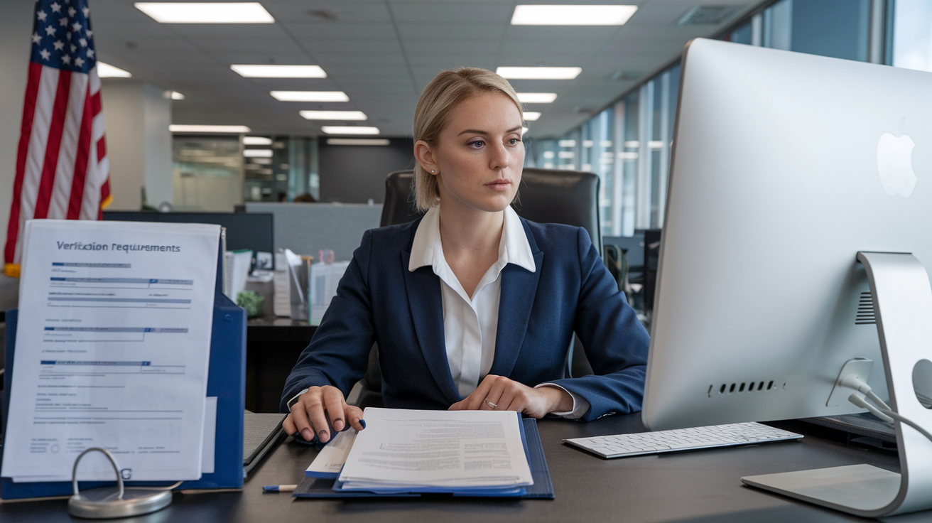 Create a realistic image of a professional white female HR manager sitting at a desk with I-9 forms and documents spread out, looking attentively at a computer screen displaying verification requirements, with a US flag and office background visible, conveying a serious and official atmosphere.