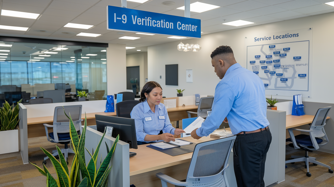 Create a realistic image of a well-lit, modern office interior with a designated I-9 verification area, showing a diverse group of people including a black female clerk behind a desk and a white male client submitting documents, with visible signage reading "I-9 Verification Center" and a wall map showing multiple service locations in the surrounding area.