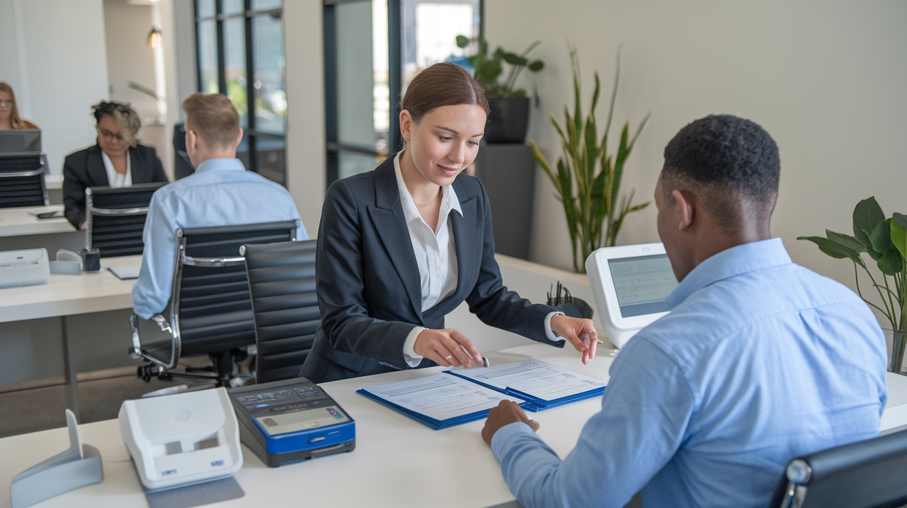 Create a realistic image of a professional I-9 verification center with a diverse group of people including a white female HR professional in business attire assisting a black male client with paperwork at a clean, modern desk with I-9 forms, ID verification equipment, and a digital verification system visible, showing the efficiency and expertise of professional verification services.