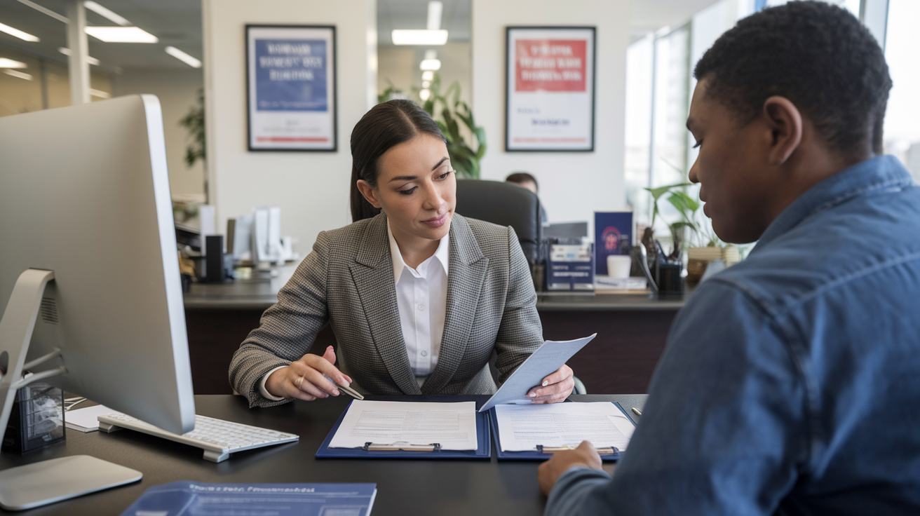 Create a realistic image of a professional setting where a Hispanic female HR representative is carefully reviewing I-9 documentation with a Black male employee, with forms, identification documents, and a computer visible on the desk, well-lit office environment with framed employment law posters on the wall, conveying a formal yet approachable atmosphere during the verification process.