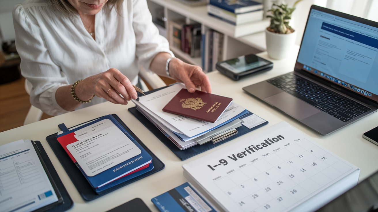 Create a realistic image of a middle-aged white female organizing documents including a passport, driver's license, and Social Security card on a neat desk, preparing for an I-9 verification appointment, with a calendar marked with "I-9 Verification" visible nearby, in a well-lit home office setting with a laptop showing an official government website in the background.