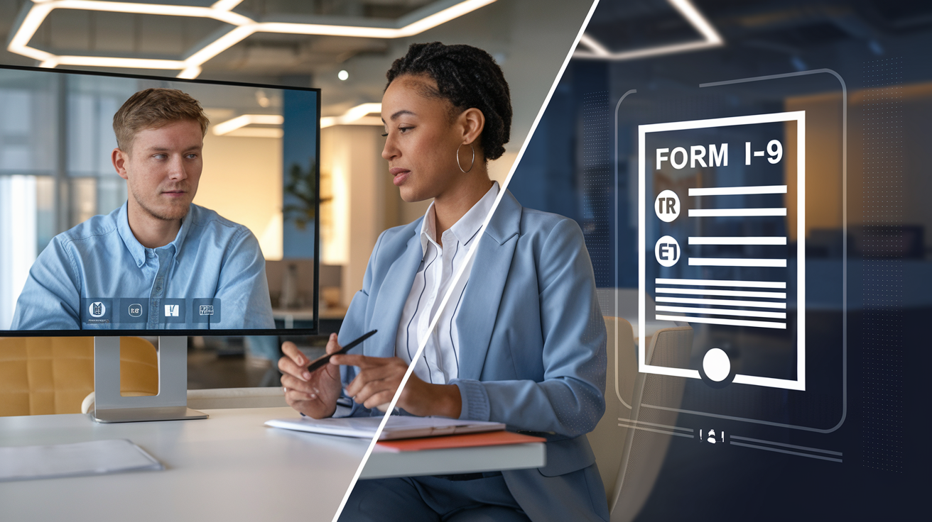 Create a realistic image of a split-screen digital interface showing alternative I-9 verification methods, with one side displaying a video conference between a white male employee and a black female HR representative, and the other side showing digital document verification with form I-9 clearly visible, all set against a modern office background with soft, professional lighting.