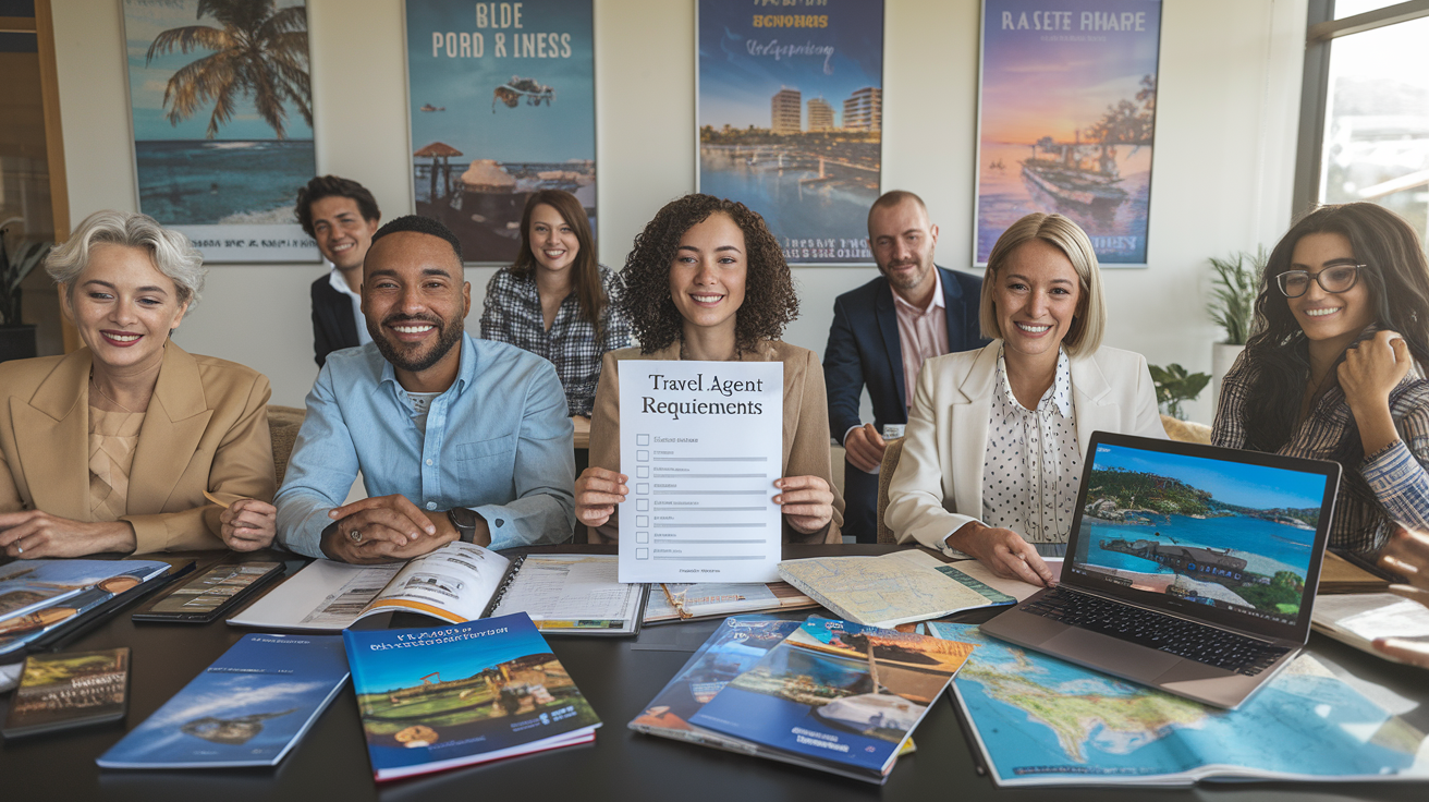 Create a realistic image of a diverse group of professionals sitting at a desk with travel brochures, maps, and a laptop displaying vacation destinations, with one person holding a skills assessment checklist titled "Travel Agent Requirements," in a modern office setting with soft natural lighting and travel posters on the wall.