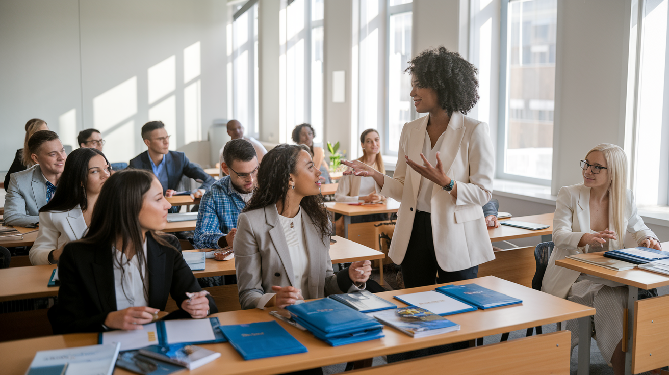 Create a realistic image of a diverse classroom setting where a Black female instructor is explaining travel agent certification requirements to attentive students, with education materials, travel brochures, and a professional certification diploma visible on the wall, bright natural lighting streaming through windows, creating an atmosphere of learning and professional development.