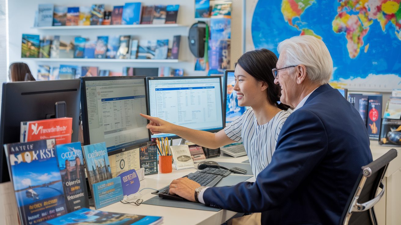 Create a realistic image of a young Asian female travel agent gaining practical experience at a travel agency office, sitting at a desk with multiple computer screens displaying flight bookings and travel itineraries, interacting with a senior white male mentor who is pointing at something on the screen, surrounded by travel brochures, a world map on the wall, in a bright, professional office setting with a warm, educational atmosphere.
