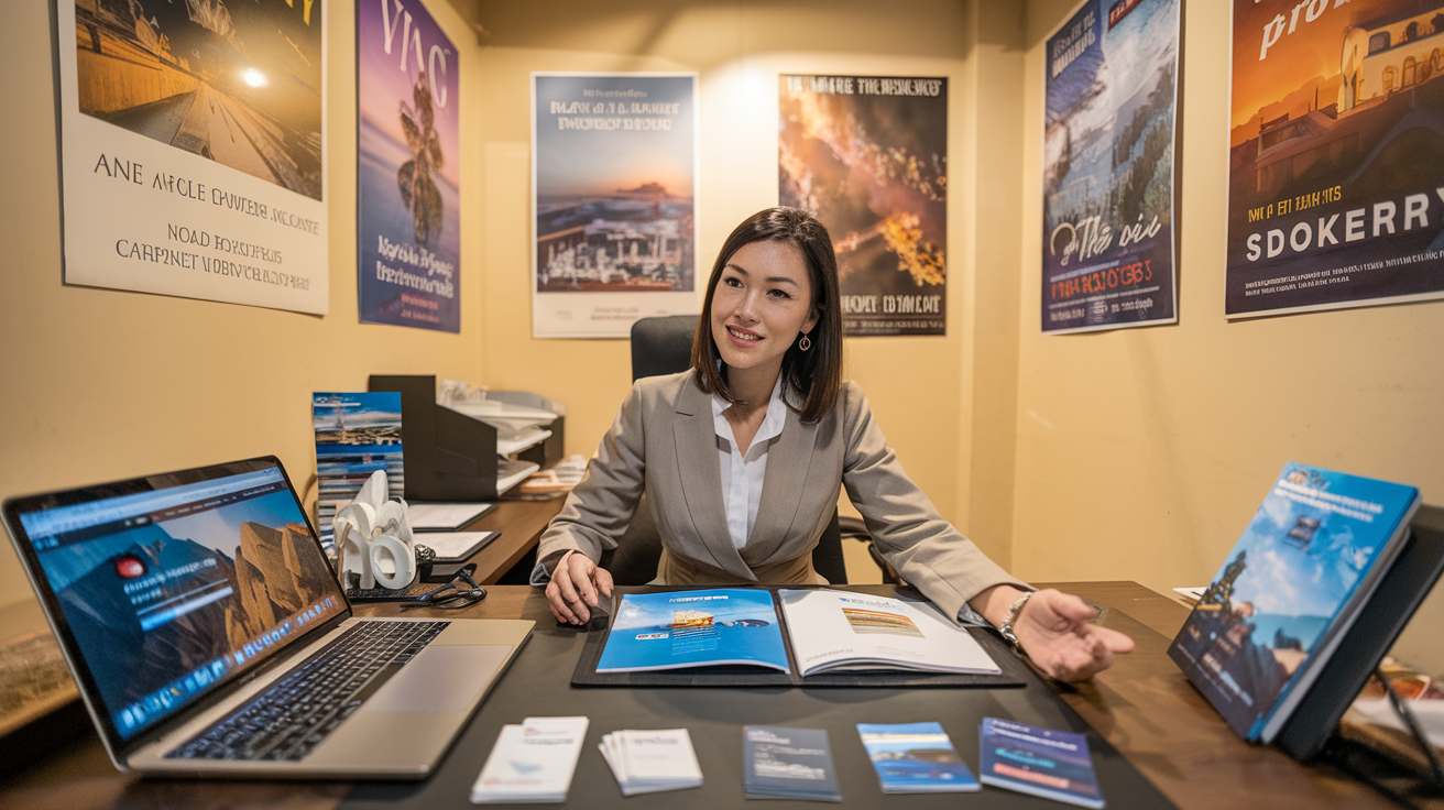 Create a realistic image of a professional Asian female travel agent in her 30s sitting at a desk with a laptop showing a travel agency website, business cards, and brochures spread out in front of her, a small office space with travel posters on the wall, warm lighting, professional attire, appearing confident as she establishes her travel business.
