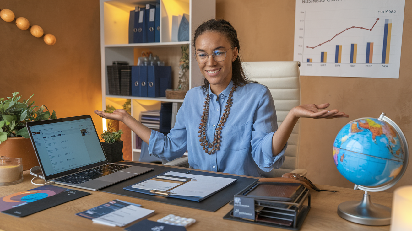 Create a realistic image of a smiling mixed-race female travel agent sitting at a modern desk with a laptop displaying travel bookings, surrounded by organized marketing materials, business cards, and a small globe, with a wall chart showing business growth metrics in the background, conveying a professional yet welcoming atmosphere with warm lighting.