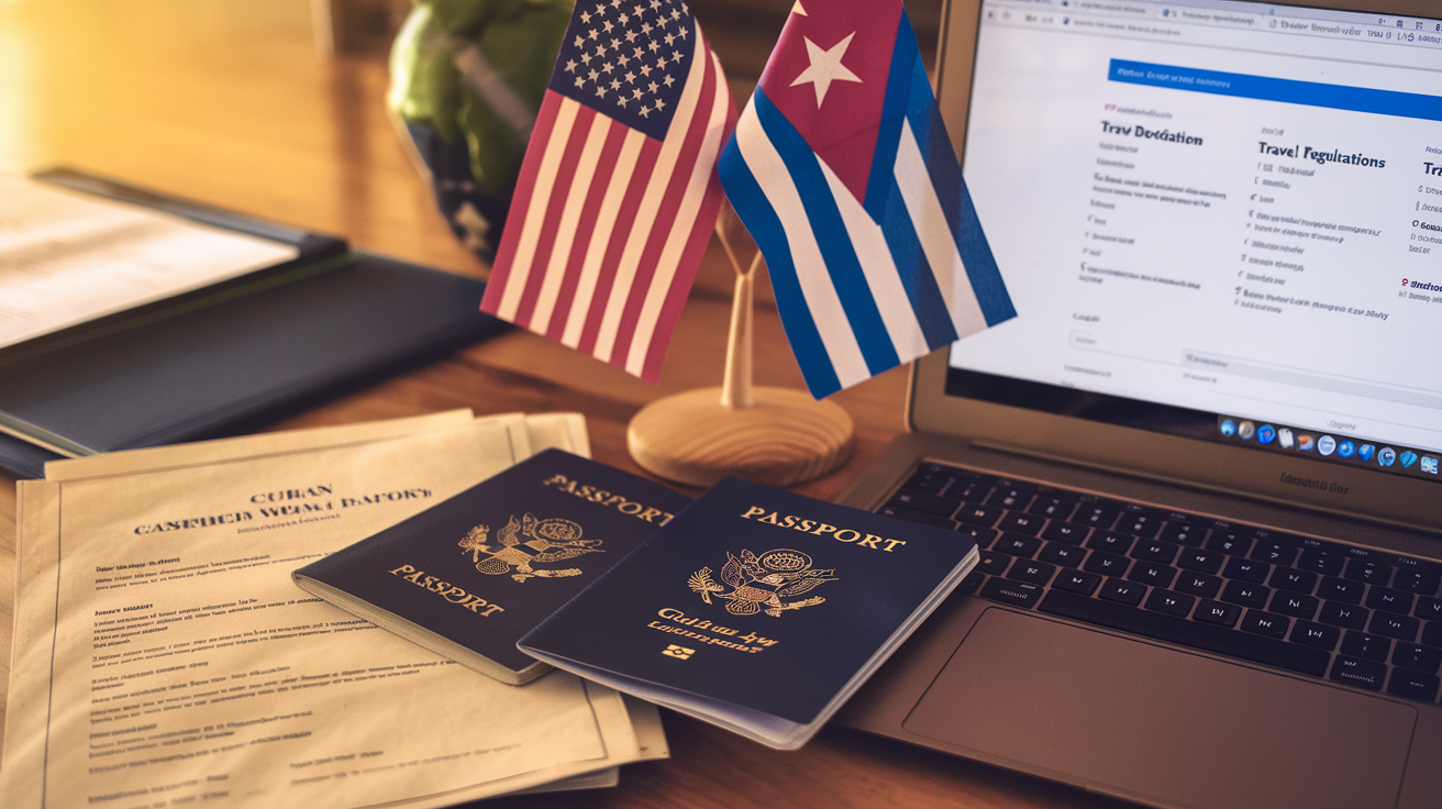 Create a realistic image of a U.S. passport next to a Cuban visa document on a wooden desk, with a laptop showing travel regulations in the background, a small American and Cuban flag side by side, and official-looking documents with legal text partially visible, creating a serious, informative mood with warm lighting highlighting the travel documents.