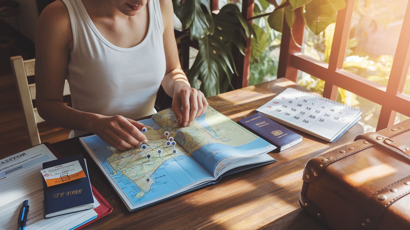 Create a realistic image of a white female traveler sitting at a wooden desk with a map of Cuba spread out, marking locations with pins, surrounded by a guidebook, passport, Cuban visa, and travel planning notes, with a vintage suitcase nearby and warm tropical sunlight streaming through a window, highlighting a calendar showing travel dates.