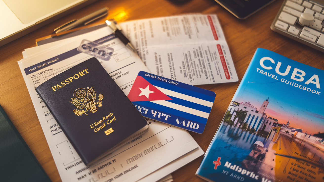 Create a realistic image of a U.S. passport next to Cuban tourist card (visa) on a wooden desk, with travel documents, flight tickets, and a Cuba travel guidebook partially visible, warm lighting highlighting official stamps and seals, a pen nearby suggesting preparation for filling out forms.