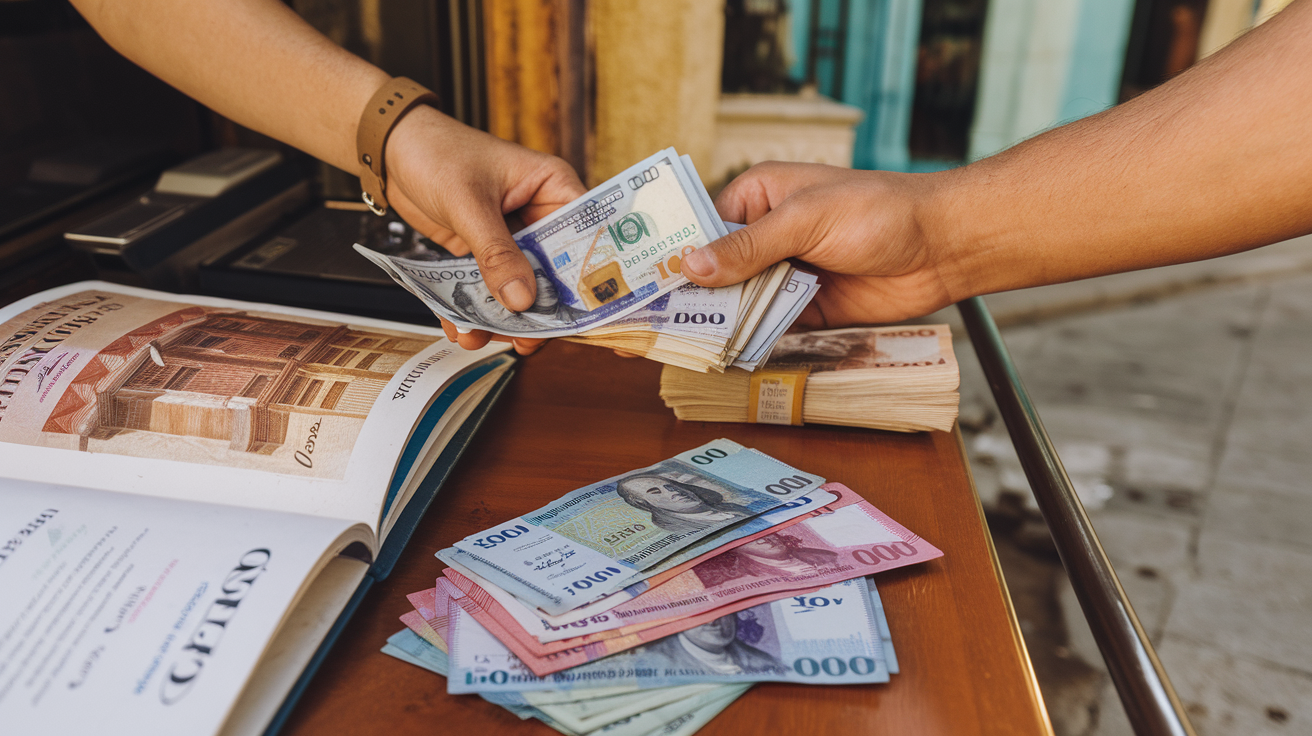 Create a realistic image of a close-up view of a tourist's hands exchanging US dollars for Cuban convertible pesos (CUC) at a currency exchange counter in Havana, with colorful Cuban banknotes spread out alongside a small guidebook about Cuban currency, all on a wooden surface with a vintage Cuban backdrop, under warm natural lighting.