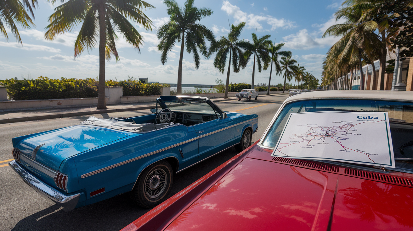 Create a realistic image of vintage classic American cars - a blue convertible and a red sedan - parked alongside a Cuban street with palm trees, with a hand-drawn map of Cuba visible on the passenger seat, showing transportation routes connecting Havana to other cities, under bright tropical sunlight with soft shadows.