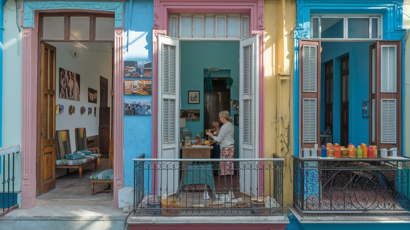 Create a realistic image of a cozy casa particular (private homestay) in Havana with a small balcony overlooking a colorful street, featuring authentic Cuban furniture, family photos on walls, and a welcoming Cuban host family preparing breakfast in the background, with morning sunlight streaming through open windows highlighting the homey atmosphere that contrasts with typical resort accommodations.