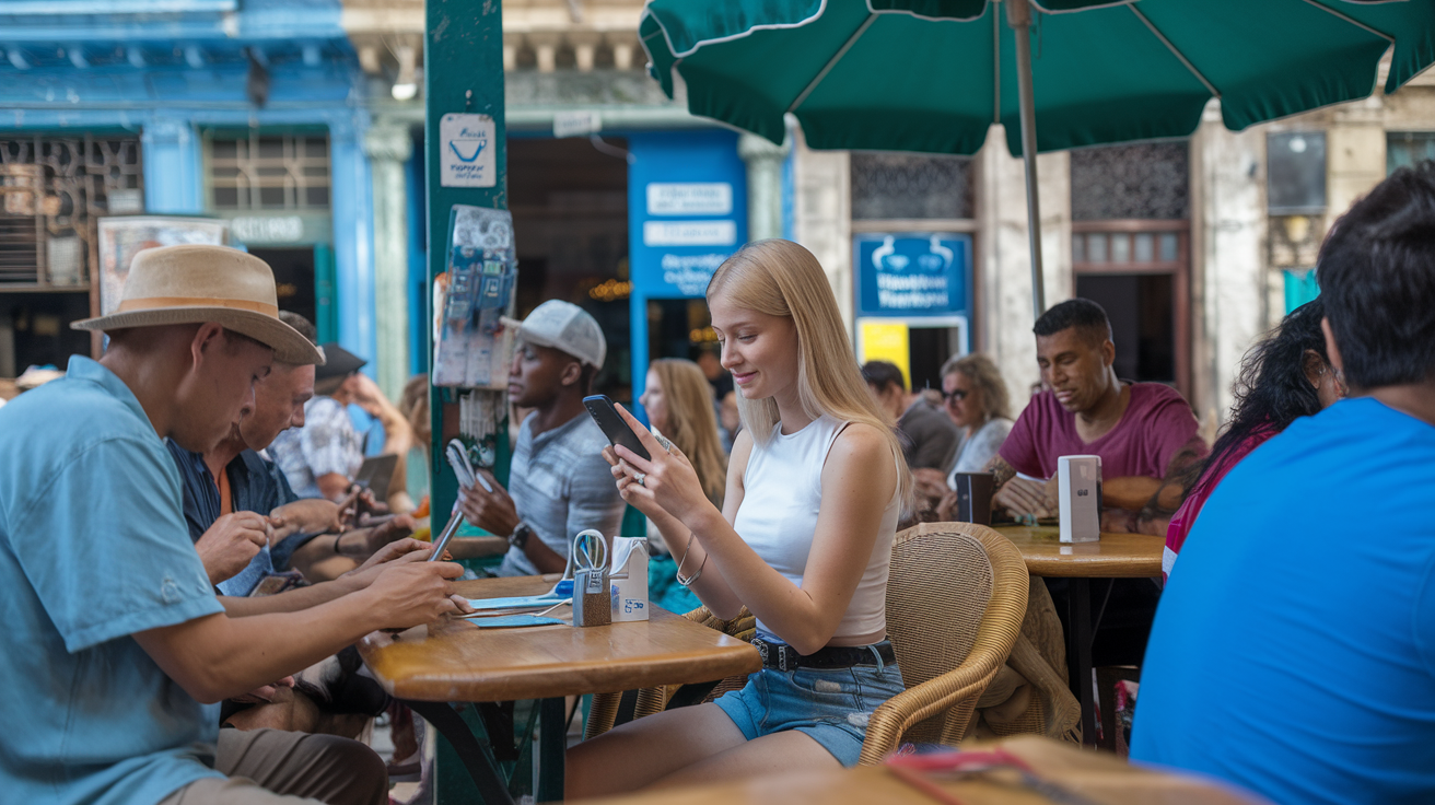 Create a realistic image of a Cuban cafe scene where a young white female tourist is using her smartphone connected to public Wi-Fi, with locals and other tourists nearby also using devices, set against a colorful Havana backdrop with vintage buildings, showing communication options like phone cards and Wi-Fi hotspot signs visible, in warm afternoon lighting.