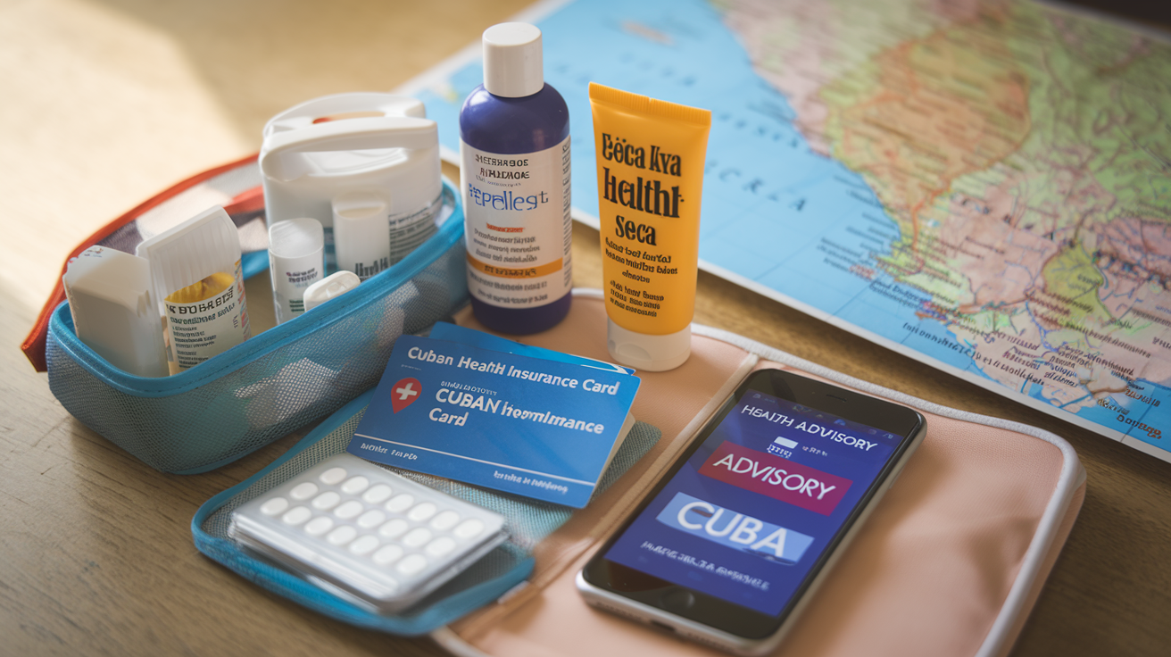 Create a realistic image of a medicine kit with essential travel medications and first aid supplies on a wooden table, alongside a Cuban health insurance card, mosquito repellent, sunscreen, and a smartphone displaying health advisory information for Cuba, with a map of Cuba in soft focus in the background.