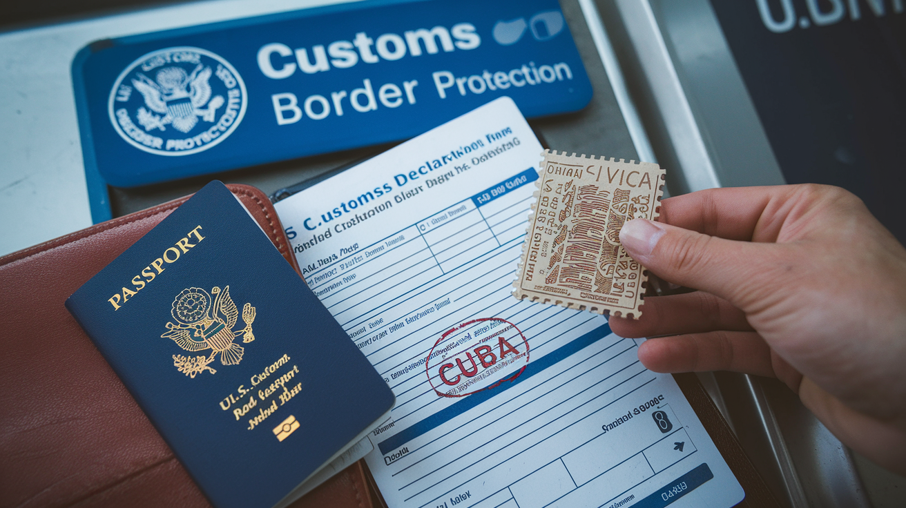 Create a realistic image of a U.S. passport next to completed customs declaration form at an airport arrival area, with a returning traveler's hand placing a Cuba stamp souvenir nearby, soft overhead lighting highlighting official documents, background showing U.S. Customs and Border Protection signage.