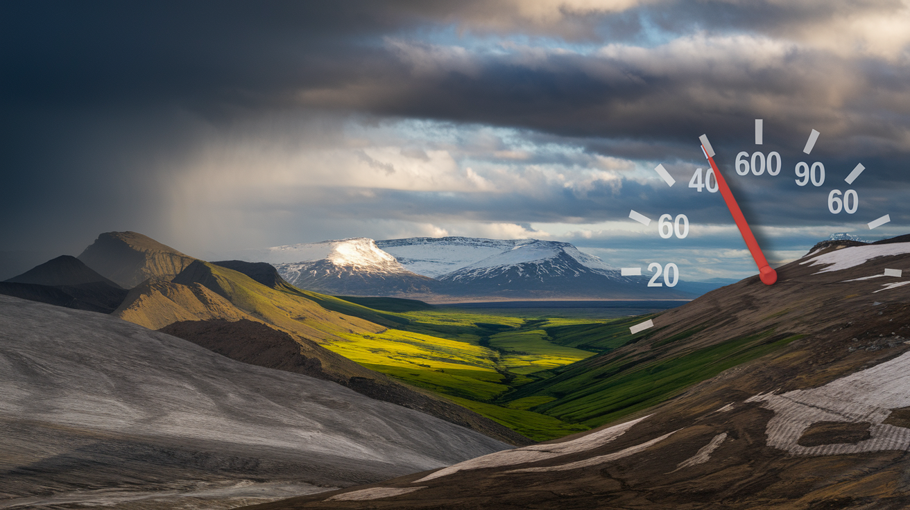 Create a realistic image of a dramatic Icelandic landscape showcasing multiple seasons in one frame, with snow-capped mountains in the distance, green valleys in the foreground, dark storm clouds approaching from one side, and bright sunshine breaking through on the other, with a visible temperature gauge showing extreme readings to illustrate the country's unpredictable and varied climate patterns.