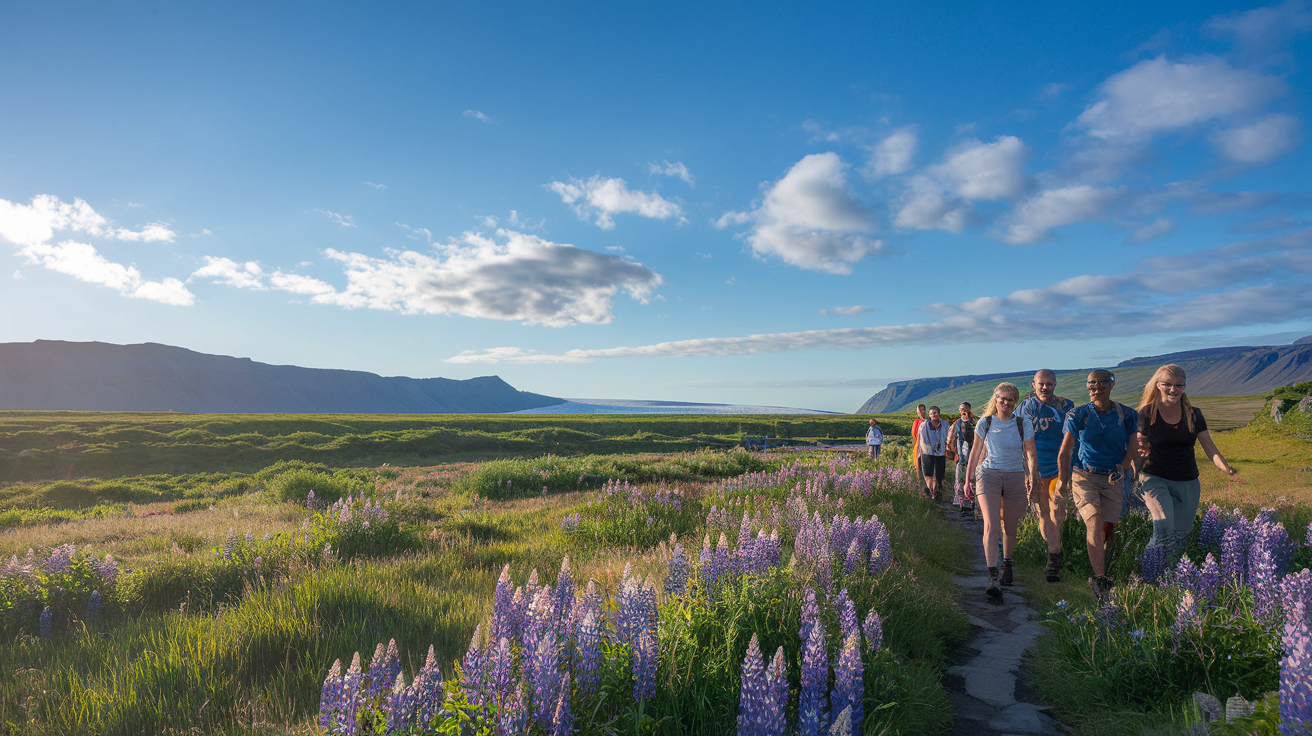 Create a realistic image of a midnight sun illuminating a serene Icelandic landscape during summer, featuring lush green fields dotted with purple lupines, a distant glacier, and a small group of tourists (mixed races, male and female) hiking along a well-marked trail, with a clear blue sky and fluffy white clouds in the background, capturing the vibrant and magical atmosphere of Iceland's peak travel season.