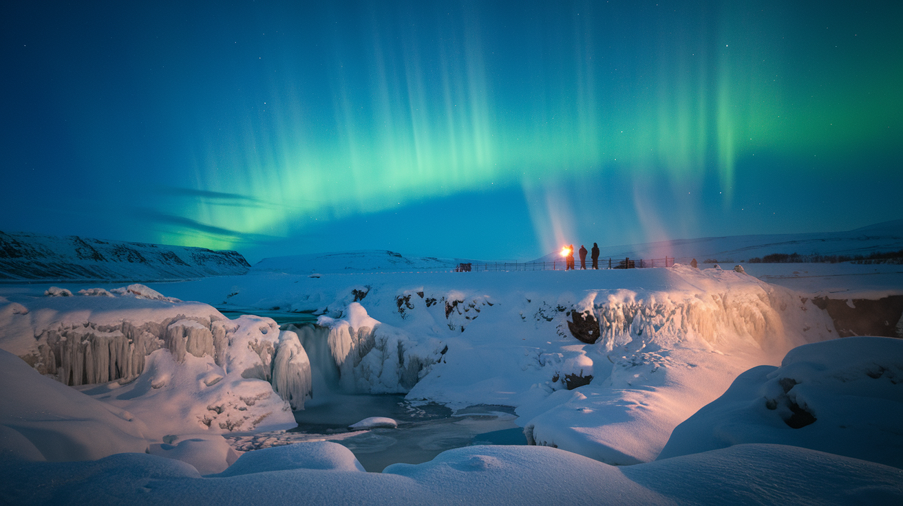 Create a realistic image of a snow-covered Icelandic landscape at dusk with the Northern Lights dancing across the dark blue sky, featuring dramatic ice formations and a frozen waterfall illuminated by soft moonlight, with a distant small group of silhouetted travelers standing on a viewpoint, their warm breath visible in the frigid air, capturing the enchanting winter atmosphere of Iceland from November to March.