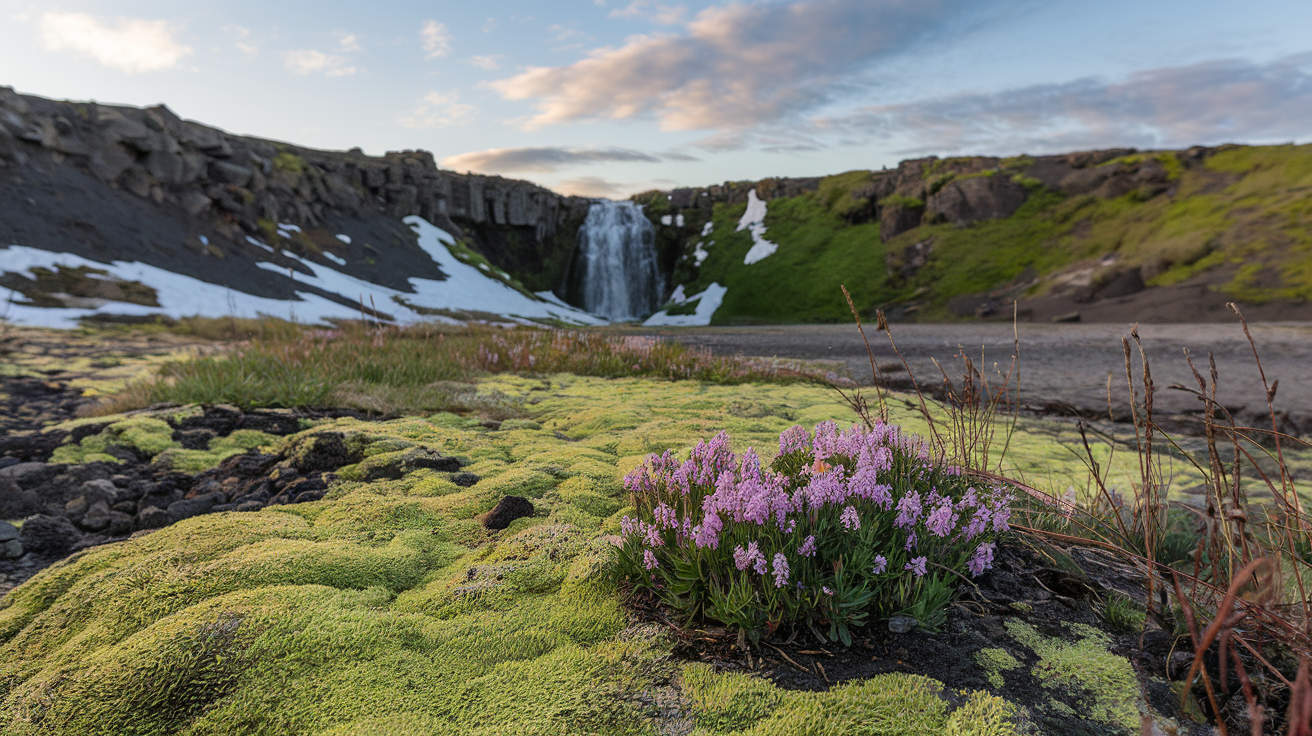 Create a realistic image of Iceland's spring landscape showing vibrant green moss covering volcanic rocks, delicate purple Arctic thyme flowers blooming, with a small waterfall in the background under a partly cloudy sky, capturing the contrast between melting snow patches and emerging vegetation, soft afternoon sunlight illuminating the scene with a sense of renewal and awakening.