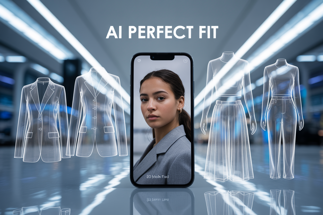 Create a realistic image of a modern smartphone displaying a selfie of a diverse young woman (mixed race, female) on the screen, with AI-generated clothing designs floating holographically around the phone including a tailored blazer, dress, and pants with digital measurement lines and fitting indicators, set against a sleek futuristic background with soft blue and white lighting, and include the text "AI Perfect Fit" prominently displayed at the top of the image.