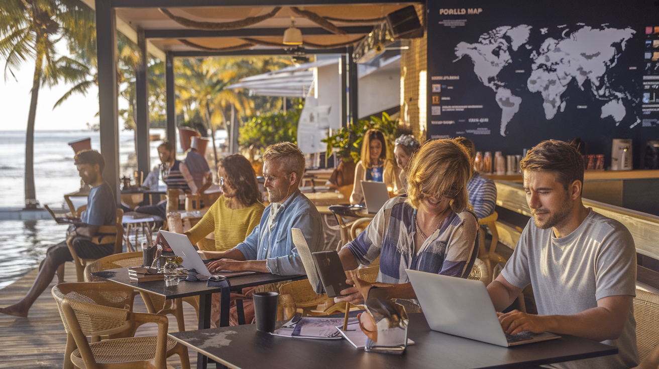 Create a realistic image of a diverse group of digital nomads working on laptops in a tropical beachside cafe with views of stunning coastline, showing a world map in the background with highlighted countries, modern workspaces with power outlets and strong Wi-Fi signals, passport and travel documents visible on table, with warm golden-hour lighting creating a productive yet relaxed atmosphere.
