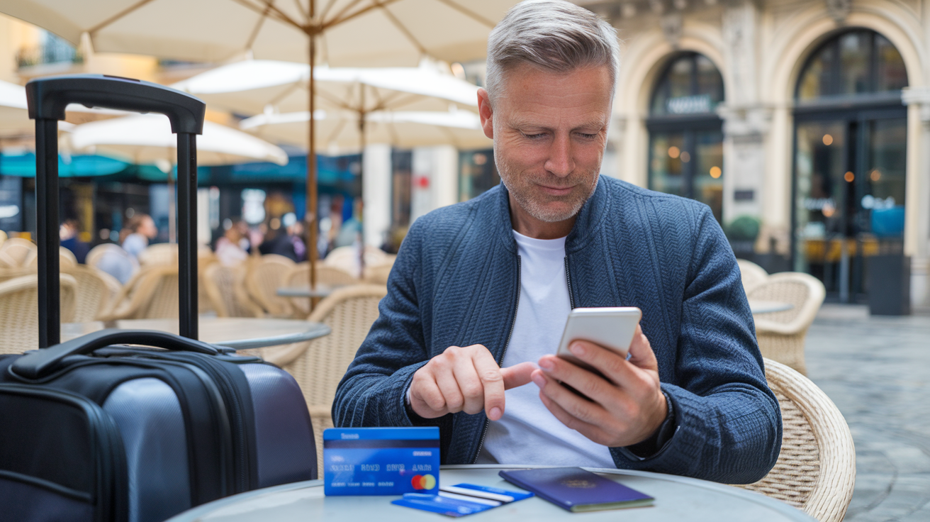 Create a realistic image of a confident middle-aged white male traveler checking his smartphone banking app while sitting at an outdoor cafe with his luggage nearby, passport and international credit cards visible on the table, with a beautiful foreign cityscape in the background, conveying security and peace of mind with digital banking tools while abroad.