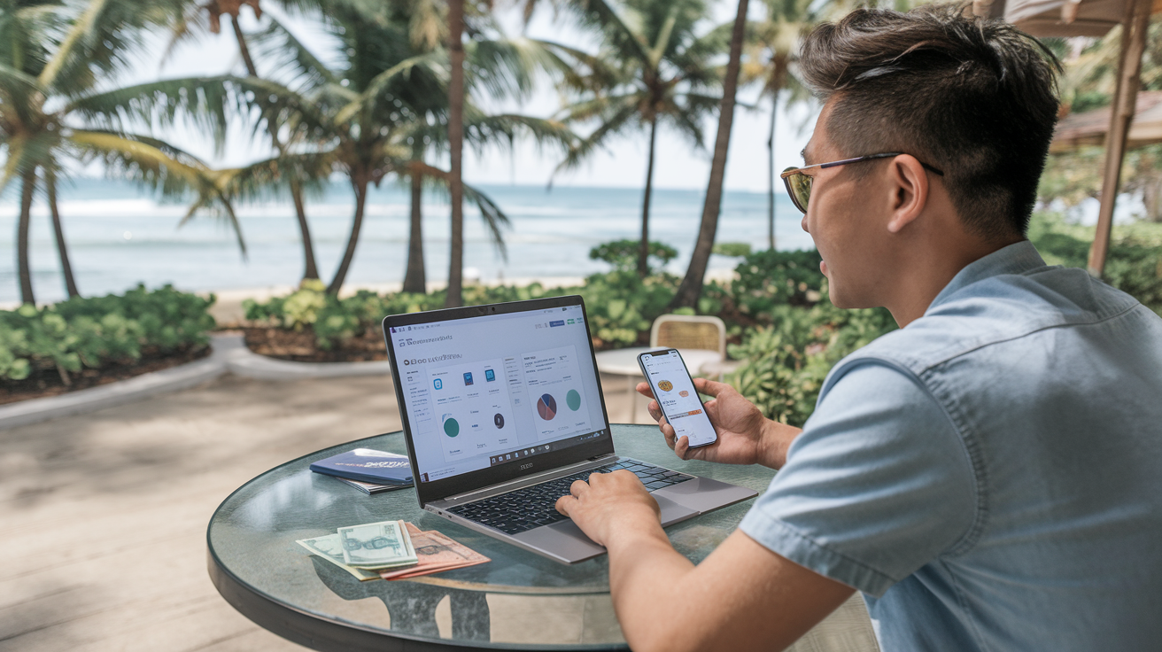 Create a realistic image of a digital nomad, an Asian male in his 30s, sitting at an outdoor cafe with a laptop displaying P2P lending platforms, with a smartphone showing financial graphs nearby, passport and international currency on the table, overlooking a tropical beach setting, with soft natural lighting, and the text "Global Financing Freedom" subtly appearing in the corner.