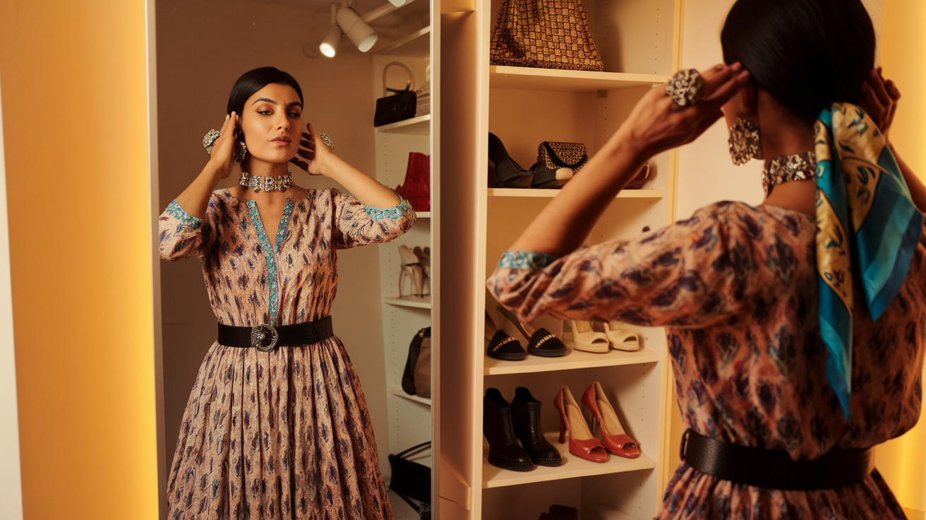 Create a realistic image of a stylish Indian woman with a fashion-forward attitude standing in front of a full-length mirror, trying different accessories with her kurti, including a belt cinching the waist, statement jewelry, and a designer scarf, with a wardrobe backdrop showing various footwear options and handbags, in warm natural lighting that highlights the vibrant colors and details of the outfit.