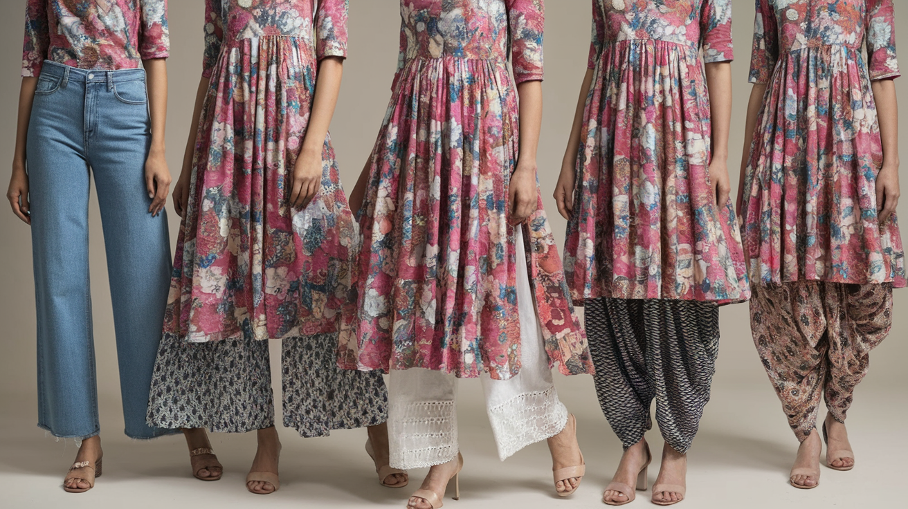Create a realistic image of a stylish Indian woman wearing a vibrant floral kurti, shown from the waist down pairing it with different bottoms laid out around her - jeans, palazzo pants, leggings, skirts, and dhoti pants - arranged in a circular pattern against a neutral background with soft lighting highlighting the versatility of the kurti styling options.