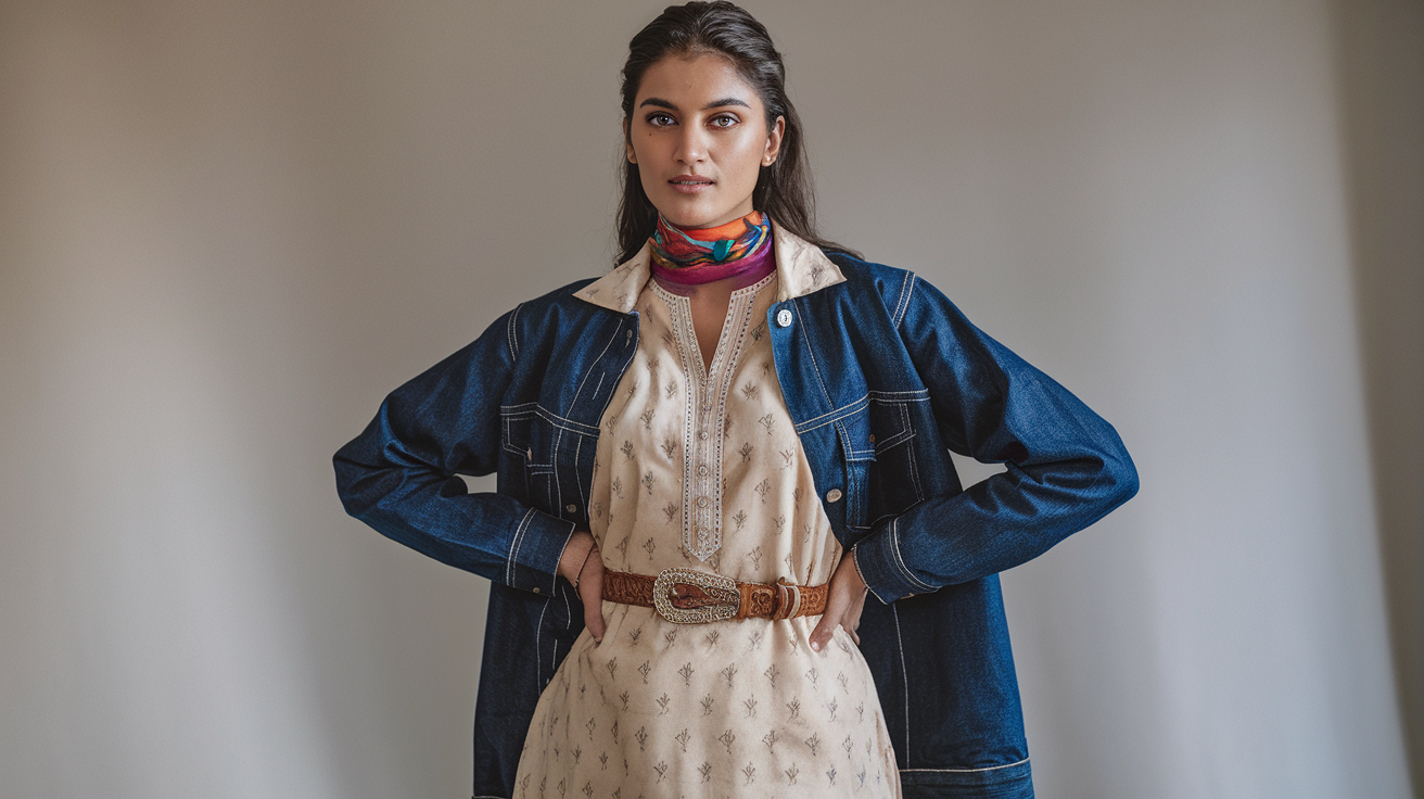Create a realistic image of an Indian woman elegantly layering a traditional kurti with a contemporary twist, wearing a beige kurti paired with a contrasting denim jacket, colorful scarf, and statement belt, standing confidently against a neutral background with soft natural lighting highlighting the layering techniques and textures of the outfit.