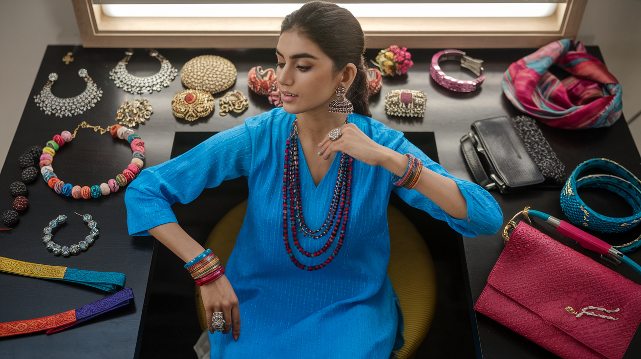 Create a realistic image of a stylish Indian woman wearing a vibrant blue kurti, surrounded by various accessories like statement earrings, chunky necklaces, colorful bangles, belts, scarves, and handbags arranged on a vanity table, demonstrating how accessories can transform the same kurti into different looks, with soft natural lighting highlighting the accessories.