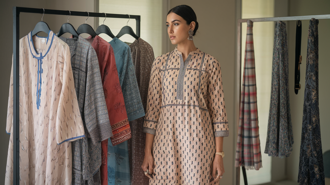 Create a realistic image of a stylish Indian woman with a collection of kurtis displayed on a clothing rack, showcasing various accessories like scarves, jewelry, belts, and footwear suitable for different occasions from casual to formal, with soft natural lighting in a modern dressing room setting.