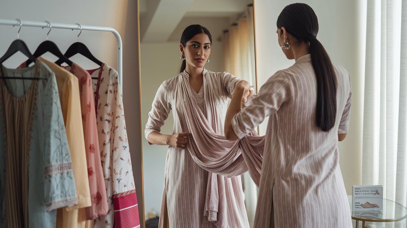 Create a realistic image of a fashionable Indian woman standing in front of a full-length mirror, demonstrating how to creatively drape and tie a traditional kurti, with several stylish variations visible on a clothing rack nearby, soft natural lighting highlighting the intricate details of the fabric manipulation techniques, a neutral contemporary home background, and a small styling guide visible on a side table.