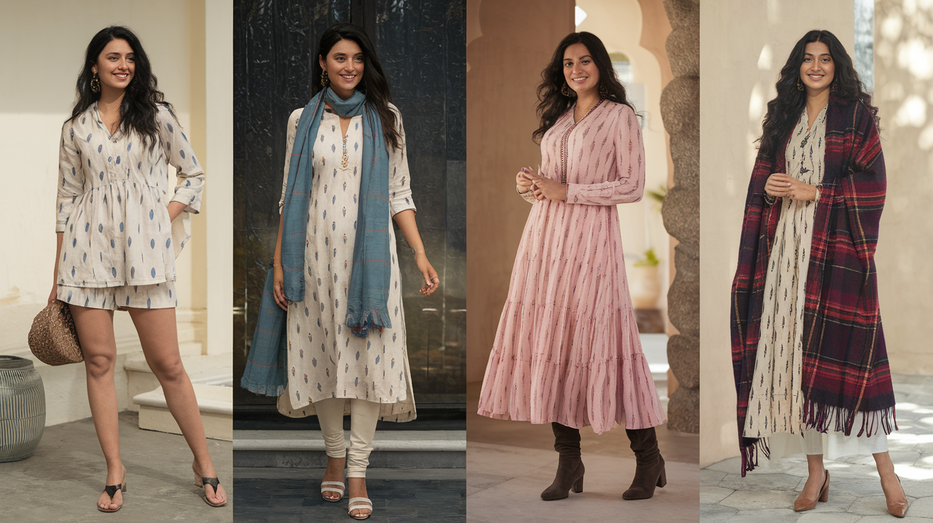 Create a realistic image of an Indian female model demonstrating how to style the same elegant kurti across different seasons, with a split-screen layout showing four versions: summer styling with shorts and sandals, monsoon with leggings and a scarf, fall with a light jacket and boots, and winter with a heavy shawl and warm accessories, all arranged in a fashion lookbook style with soft natural lighting.