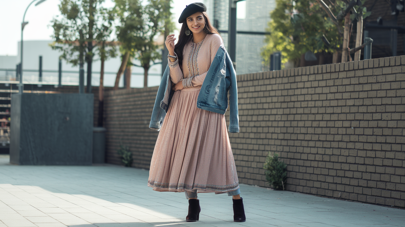 Create a realistic image of a young South Asian woman wearing a traditional kurti creatively styled with western elements like a denim jacket, beret, and ankle boots, standing confidently against a modern urban backdrop, showcasing the perfect blend of eastern and western fashion aesthetics, with soft natural lighting highlighting the intricate details of the kurti and the stylish fusion look.