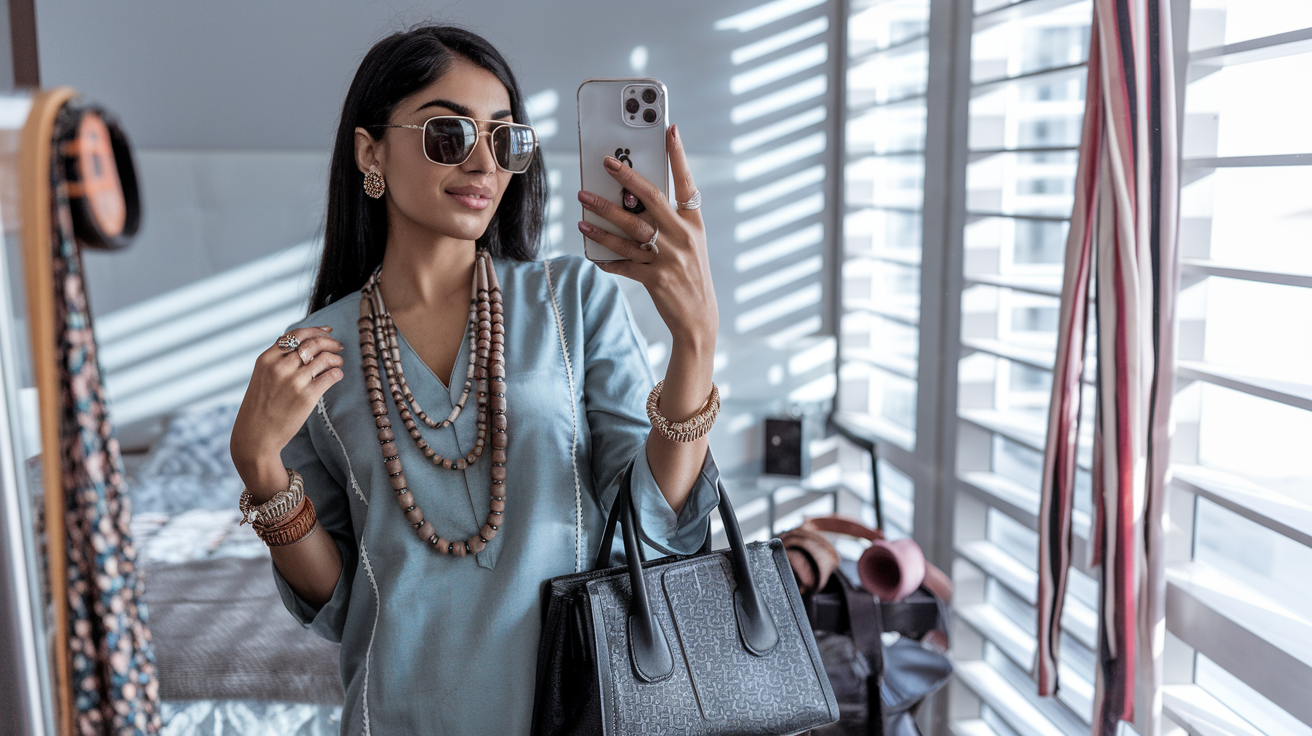Create a realistic image of a young South Asian woman wearing a stylish kurti, taking a mirror selfie in her bedroom, pairing the kurti with trendy accessories like layered necklaces, sunglasses, and a chic handbag visible on the bed, with various styling elements like belts and scarves artfully arranged nearby, natural lighting streaming through a window, creating a perfect social media aesthetic.