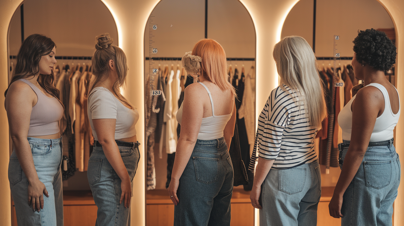 Create a realistic image of diverse women with different body types (hourglass, pear, apple, rectangle, and inverted triangle) standing in a row, wearing casual summer clothing, examining their reflections in a stylish boutique mirror, with clothing racks visible in the background, warm natural lighting creating a welcoming atmosphere, and subtle measuring tape graphics floating beside each figure to symbolize understanding body measurements.