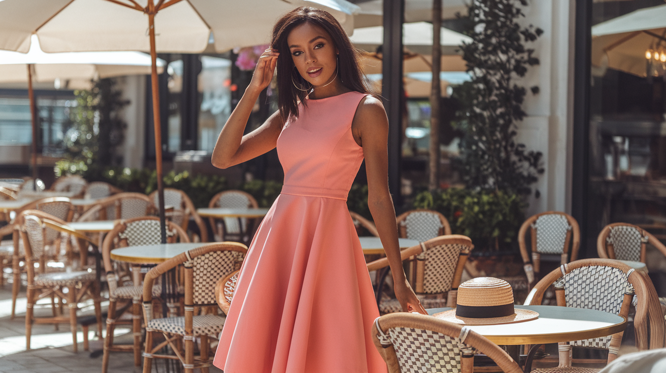 Create a realistic image of a young Black female model with a confident pose wearing a flattering coral A-line summer dress that cinches at the waist and flares gently to the knee, standing in a sun-drenched outdoor café setting with a straw hat and sunglasses on the table beside her, showcasing how the dress complements her figure while looking effortlessly stylish and comfortable for summer.