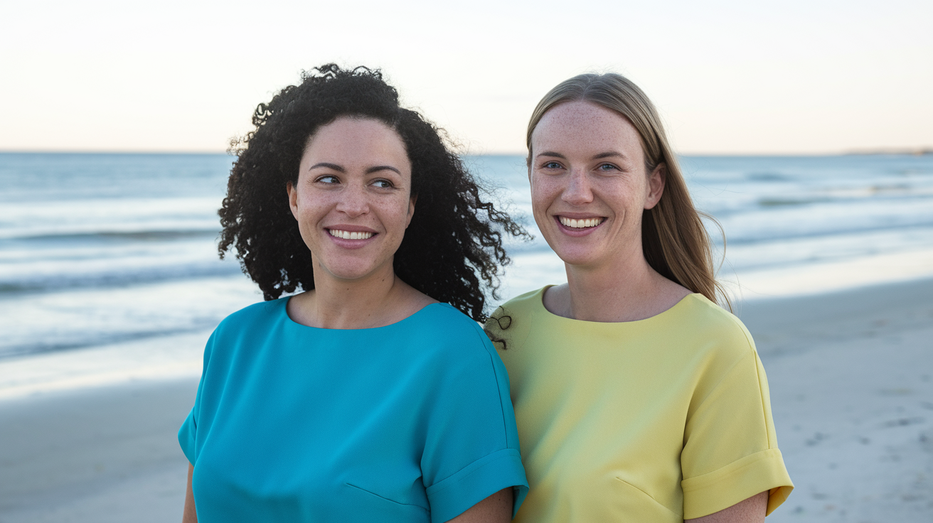 Create a realistic image of two women - one Black and one White - smiling and wearing stylish shift dresses in bright summer colors, standing in front of a beach backdrop with soft natural lighting, highlighting how the straight silhouette of the shift dress flatters apple and rectangle body shapes.