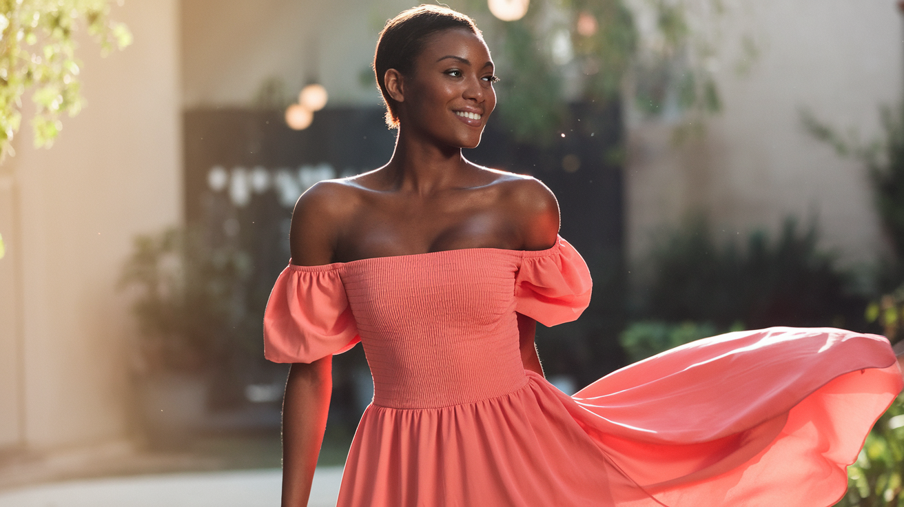 Create a realistic image of a confident black female model with a radiant smile wearing a stylish off-shoulder summer dress in a vibrant coral color, standing in a sunlit garden setting, showcasing how the dress highlights her collarbones and shoulders, with soft natural lighting creating a warm summer atmosphere, the dress flowing gently in a light breeze.